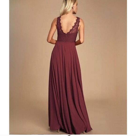 Lulu's Divine Evening Burgundy Lace Chiffon Maxi Dress Sz M Formal Wedding Party - Picture 15 of 16
